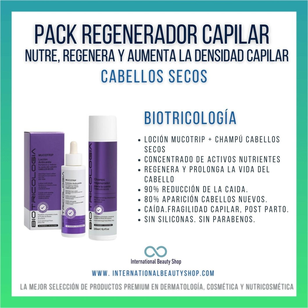 Tratamiento anticaída Mucotrip Loción + Champú Cabello Seco. Biotricología.